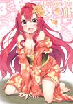  2015 :d bare_legs bare_shoulders barefoot black_eyes blush breasts cleavage collarbone flower hair_flower hair_ornament happy_new_year japanese_clothes kimono kimono_pull kneeling kurimu_(yappen) long_hair looking_at_viewer new_year obi open_mouth original red_hair sash small_breasts smile solo v_arms yappen 