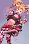  ;d animal_ears bell blonde_hair bracelet breasts cat_ears cat_tail dated fang fresh_precure! highres isedaichi_ken jewelry kemonomimi_mode looking_at_viewer medium_breasts midriff momozono_love navel one_eye_closed open_mouth panther_pink_(precure) paw_pose pink_eyes precure short_hair smile solo tail twintails twitter_username 