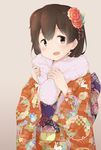  :o alternate_costume blush fur hair_ornament hiryuu_(kantai_collection) japanese_clothes kantai_collection kanzashi kimono obi open_mouth sash scarf short_hair solo suke_(momijigari) upper_body 