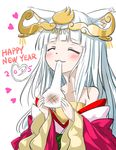  2015 ameneko_kuro animal_ears baozi bare_shoulders blush closed_eyes collarbone eating food fox_ears happy_new_year headpiece heart holding japanese_clothes kimono long_hair long_sleeves md5_mismatch mitsuki_(p&amp;d) new_year off_shoulder puzzle_&amp;_dragons simple_background solo very_long_hair white_background white_hair wide_sleeves 