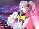  crowd drill_hair frilled_sleeves frills glowstick hairband hand_on_own_chest hitoto idol idolmaster idolmaster_cinderella_girls kanzaki_ranko lolita_hairband long_hair microphone open_mouth red_eyes silver_hair solo twin_drills twintails 
