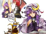  arabian_clothes book breasts cleavage crescent crescent_hair_ornament cup demon_girl demon_tail demon_wings facial_mark forehead_mark hair_ornament hat hexagram koakuma large_breasts manatsu_no_yo_no_inmu multiple_girls patchouli_knowledge purple_eyes purple_hair red_eyes red_hair ryuuichi_(f_dragon) star_of_david tail teacup touhou translated wings 