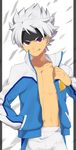  earth_eleven hand_in_pocket headband ibuki_munemasa inazuma_eleven_(series) inazuma_eleven_go inazuma_eleven_go_galaxy jacket looking_at_viewer male_focus official_style open_clothes open_jacket pants petagon red_eyes solo tongue track_jacket track_pants 
