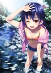  ;d bikini blue_hair cutoffs front-tie_top hand_on_own_knee highres hood hoodie kondou_kanae matsuryuu off_shoulder one_eye_closed open_clothes open_fly open_hoodie open_mouth original river short_hair short_shorts shorts smile solo swimsuit unzipped water 