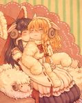  2girls :3 ^_^ adapted_costume animal_costume animal_ears blonde_hair blush_stickers bow braid brown_hair closed_eyes detached_sleeves dress fake_animal_ears fluff frilled_dress frills fur_trim hair_bow hair_tubes hairband hakurei_reimu happy_new_year horns hug hug_from_behind karioda kirisame_marisa long_hair long_sleeves multiple_girls new_year no_hat no_headwear nuzzle ribbon-trimmed_sleeves ribbon_trim sheep sheep_costume sheep_ears sheep_horns side_braid single_braid sitting sitting_on_lap sitting_on_person smile striped striped_background touhou vertical-striped_background vertical_stripes yuri 