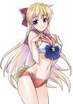  aino_minako back_bow bishoujo_senshi_sailor_moon blonde_hair blue_eyes bow bra breasts choker hair_bow highres long_hair magical_girl matsuryuu medium_breasts navel orange_choker orange_sailor_collar panties red_bow sailor_collar sailor_moon_narikiri_bra_set sailor_senshi_uniform sailor_venus sideboob simple_background smile solo stomach underwear underwear_only very_long_hair white_background 