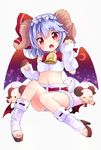  alternate_costume bat_wings bell blue_hair blush cow_bell fang fingerless_gloves full_body gloves hairband high_heels horns kedama_milk looking_at_viewer midriff navel open_mouth open_toe_shoes red_eyes remilia_scarlet ribbon-trimmed_clothes ribbon-trimmed_legwear ribbon_trim sandals sheep sheep_horns sheep_tail shoes short_hair simple_background solo tail toeless_legwear toes touhou white_background wings 