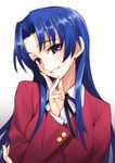  blue_hair blush highres kawashima_ami long_hair looking_at_viewer matsuryuu purple_eyes school_uniform seductive_smile simple_background smile solo toradora! 