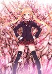  :d black_legwear blazer blonde_hair cherry_blossoms hands_on_hips highres jacket matsuryuu open_mouth original plaid red_eyes school_uniform smile solo thighhighs twintails v-shaped_eyebrows 