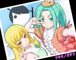  blonde_hair dress eyebrows green_eyes green_hair hat long_hair monogatari_(series) multiple_girls nisemonogatari ononoki_yotsugi oshino_shinobu photo_(object) reaching_out self_shot short_hair sjw_kazuya twintails v v_over_eye yellow_eyes 