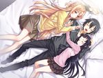  2girls asuna_(sao) black_hair blonde_hair blush braid casual closed_eyes girl_sandwich hand_on_another's_head highres hug kirito long_hair lying matsuryuu multiple_girls on_back on_bed on_side open_mouth petite sandwiched short_hair skirt sleeping sword_art_online yui_(sao) 