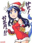  1girl 2015 armor bare_shoulders bell black_hair blue_eyes check_translation china_dress chinese_clothes christmas dated dragon_girl dragon_horns dragon_tail dress elbow_gloves fingerless_gloves fur_trim gloves hat horns ishiyumi karin_(p&amp;d) late long_hair new_year open_mouth puzzle_&amp;_dragons red_dress red_gloves santa_costume santa_hat scales short_dress silhouette simple_background solo sweatdrop tail translated translation_request vambraces white_background 