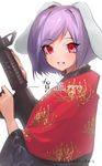  animal_ears assault_rifle blush bunny_ears gun highres japanese_clothes kimono looking_at_viewer msmusui new_year purple_hair reisen rifle short_hair simple_background smile solo touhou twitter_username upper_body weapon white_background 