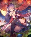  autumn_leaves bare_shoulders bow breasts brown_eyes choker cleavage earrings full_moon hair_bow hair_ornament heart heart_hair_ornament jewelry long_hair moon night night_sky original pointy_ears purple_hair revision sitting sky small_breasts solo striped striped_legwear tail teddy_(khanshin) thighhighs umbrella 