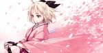  ahoge blonde_hair bow fate_(series) hair_bow half_updo japanese_clothes katana kimono koha-ace long_sleeves matsuryuu okita_souji_(fate) okita_souji_(fate)_(all) petals short_hair smile sword weapon wide_sleeves yellow_eyes 