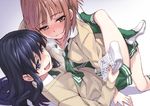  :d black_eyes black_hair blush brown_eyes brown_hair green_legwear kneehighs kurahashi_riko leg_lock long_hair love_lab maki_natsuo matsuryuu multiple_girls necktie open_mouth pleated_skirt saliva school_uniform shoes skirt smile uwabaki wavy_mouth yuri 