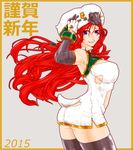  2015 alternate_costume animal_costume ass bare_shoulders black_legwear blue_eyes braid breasts character_name cleavage_cutout colored_eyelashes cowboy_shot detached_sleeves from_side gloves grin highres hong_meiling large_breasts ledjoker07 long_hair looking_at_viewer navel_cutout pointy_ears red_hair sheep_costume sheep_hat sideboob smile solo thighhighs thighs touhou twin_braids 