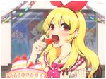  aikatsu! aikatsu!_(series) arisugawa_otome blonde_hair blue_eyes blue_hair blush brown_hair cake camera closed_eyes double_bun eating food fork fruit hair_ribbon hitoto hoshimiya_ichigo kiriya_aoi long_hair multiple_girls open_mouth purple_eyes red_eyes ribbon shibuki_ran smile spyglass strawberry strawberry_shortcake sweatdrop twintails 