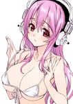  bare_shoulders bikini bikini_lift breasts cleavage fingernails front-tie_top headphones highres large_breasts lifted_by_self long_hair looking_at_viewer matsuryuu nail_polish nitroplus pink_hair red_eyes simple_background solo strap_lift super_sonico swimsuit white_background 