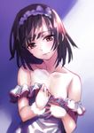  bakemonogatari bare_shoulders brown_eyes brown_hair collarbone head_tilt headband highres matsuryuu monogatari_(series) off_shoulder sengoku_nadeko shade short_hair solo 