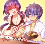  1girl :d ^_^ apron bad_id bad_pixiv_id blue_hair blush bowl breasts cake chopsticks cleavage closed_eyes eating eyebrows food fruit gradient_hair highres holding holding_bowl holding_chopsticks jinguu_yakumo large_breasts long_hair multicolored_hair natsu_hotaru noodles open_mouth original pink_hair polka_dot polka_dot_apron sakakibara_yukino short_hair smile strawberry 