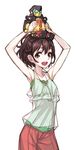  :d armpits arms_up casual highres matsuryuu object_on_head open_mouth robot robotics;notes senomiya_akiho short_hair simple_background smile solo white_background 