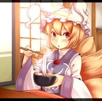  :o blonde_hair blush chopsticks eating fox_tail hat looking_at_viewer multiple_tails open_mouth short_hair solo tabard tail tamahana touhou udon yakumo_ran yellow_eyes 