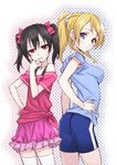  armpit_peek ayase_eli back-to-back bike_shorts biting black_hair blonde_hair blue_eyes bow gym_shorts hair_bow hair_ornament hairclip halftone hand_on_hip highres long_hair love_live! love_live!_school_idol_project matsuryuu multiple_girls nail_biting off_shoulder ponytail red_eyes scrunchie shirt shorts skirt t-shirt thighhighs tied_shirt twintails white_legwear white_scrunchie yazawa_nico zettai_ryouiki 