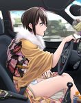  2015 :o bangs bare_legs black_hair blurry bottle bow bow_panties car car_interior cloud day depth_of_field driving earrings floral_print flower from_side fur_trim gear_shift gps green_eyes ground_vehicle hair_between_eyes hair_flower hair_ornament hand_on_own_thigh hayakawa_pao japanese_clothes jewelry kimono lace lace-trimmed_panties legs legs_together long_sleeves looking_afar mini_cooper motion_blur motor_vehicle nail_polish new_year obi open_clothes open_kimono open_mouth original paddle panties pantyshot pantyshot_(sitting) ring sash seatbelt shiny shiny_skin short_hair sitting sky solo steering_wheel thighs underwear white_panties 