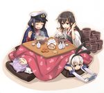  :3 akagi_(kantai_collection) anchor_print animal_ears black_hair blonde_hair blush blush_stickers bowl cat cat_ears chopsticks eating elbow_gloves female_admiral_(kantai_collection) food fruit gloves green_eyes hairband japanese_clothes kantai_collection kotatsu long_hair mandarin_orange matsuryuu multiple_girls muneate noodles open_mouth playing_games print_bed_sheet purple_hair shimakaze_(kantai_collection) short_hair sleeping smile soba source_request table tama_(kantai_collection) under_kotatsu under_table white_gloves 