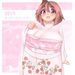  2015 :d ahoge banned_artist blush breasts brown_hair eno_konoe eyebrows fat happy_new_year huge_breasts japanese_clothes kimono mikomu new_year obese obi open_mouth original pink_eyes sash short_hair smile solo thick_eyebrows 
