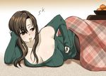  blush bowl breasts brown_eyes brown_hair food_in_mouth head_rest kotatsu large_breasts long_hair lounging mattari_yufi mouth_hold off_shoulder orange_hair original pantyhose plaid ribbed_sweater solo sweater table 