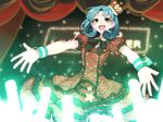  :d blush brown_eyes curtains dress glowstick green_hair hitoto idolmaster idolmaster_million_live! looking_at_viewer open_mouth outstretched_arms short_hair smile spread_arms tokugawa_matsuri wrist_cuffs 