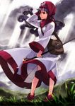  adjusting_hair bag bare_legs curly_hair dragon_quest dragon_quest_ii dress floating_hair full_body highres holding hood light_rays long_hair long_sleeves matsuryuu open_mouth outdoors parted_lips princess_of_moonbrook purple_hair red_eyes satchel solo staff wind 