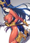  ass blue_hair blush bodysuit boots breasts dragon_quest dragon_quest_iii gloves hat highres impossible_clothes large_breasts long_hair looking_at_viewer looking_back mace matsuryuu mitre orange_bodysuit priest_(dq3) red_eyes skin_tight solo tabard weapon yellow_footwear 