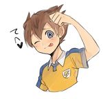  brown_hair dojikko_pose heart inazuma_eleven_(series) inazuma_eleven_go lightning_bolt looking_at_viewer male_focus matsukaze_tenma one_eye_closed petagon raimon raimon_soccer_uniform simple_background soccer_uniform solo sportswear tongue tongue_out upper_body white_background 