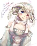  animal_ears ao+beni bare_shoulders blonde_hair blue_eyes blush fur heterochromia horns looking_at_viewer new_year off-shoulder_sweater original red_eyes sheep_ears sheep_horns short_hair signature simple_background solo sweater twitter_username upper_body white_background 