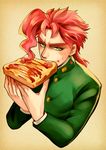  eating food food_on_face gakuran green_eyes holding_pizza jojo_no_kimyou_na_bouken kakyouin_noriaki looking_at_viewer male_focus p-geist2 pizza red_hair school_uniform solo sweatdrop 