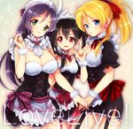  \m/ ayase_eli black_hair blonde_hair blue_eyes breasts cleavage copyright_name earrings etsuo green_eyes jewelry large_breasts love_live! love_live!_school_idol_project maid_headdress medium_breasts mogyutto_&quot;love&quot;_de_sekkin_chuu! multiple_girls ponytail purple_hair red_eyes skirt small_breasts toujou_nozomi yazawa_nico 