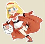  1girl belt blonde_hair blue_eyes boots candy candy_cane cape christmas dc_comics dress gloves hairband kryptonian outstretched_arms red_cape red_gloves red_shoes running s_shield smile solo spread_arms supergirl superman_(series) 