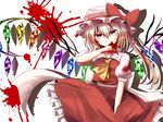  ascot bad_id bad_pixiv_id blonde_hair blood blood_stain dress flandre_scarlet frilled_skirt frills hat highres indo_(mdtanaka2007) licking_hand long_hair looking_at_viewer mob_cap puffy_short_sleeves puffy_sleeves red_eyes ribbon shadow short_sleeves side_ponytail skirt solo tongue tongue_out touhou white_background wings 