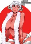  2015 aqua_eyes areola_slip areolae bangs black_beat breasts cleavage collarbone dark_skin dated english feather_boa gloves happy_new_year horns huge_breasts leaning_forward light_smile lips lipstick makeup mole mole_on_breast mole_under_mouth new_year original parted_lips sheep_horns short_hair short_shorts shorts sitting solo thighhighs white_hair white_legwear wide_hips 