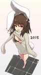  2015 alternate_costume animal_ears barefoot black_bra bra breasts brown_hair bunny_ears bunny_tail foreshortening inaba_tewi ippongui meme_attire open-chest_sweater red_eyes short_hair small_breasts smile solo sweater tail touhou underwear 