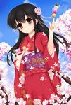  absurdres alternate_costume bad_id bad_pixiv_id black_hair blue_sky brown_eyes cherry_blossoms dango day floral_print flower food hair_flower hair_ornament highres japanese_clothes kantai_collection kimono light_smile long_hair looking_at_viewer obi sash skewer sky smile solo ushio_(kantai_collection) vivian_(lancerhd) wagashi 