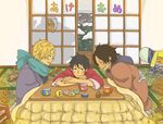  brothers family freckles grandchild jolly_roger kotatsu monkey_d_garp monkey_d_luffy multiple_boys one_piece portgas_d_ace sabo_(one_piece) siblings sitting smile table trio whitebeard_pirates 