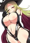  :p absurdres blonde_hair breasts cape elbow_gloves from_below gloves hat highres huge_breasts long_hair looking_at_viewer mole mole_under_mouth navel one_eye_closed ponpo red_eyes senran_kagura senran_kagura_shinovi_versus shiki_(senran_kagura) simple_background smile solo thighs tongue tongue_out underboob white_background 