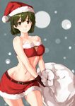  bandeau bare_shoulders breasts brown_eyes brown_gloves brown_hair christmas cleavage cowboy_shot fur_trim gloves hat hiryuu_(kantai_collection) kantai_collection looking_at_viewer medium_breasts midriff navel poco_(backboa) sack santa_hat short_hair skirt smile solo strapless 