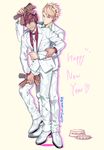  bad_id bad_pixiv_id blonde_hair dramatical_murder formal funpjinju hair_ornament hairclip happy_new_year mizuki_(dramatical_murder) multiple_boys necktie new_year red_hair stuffed_animal stuffed_toy suit tattoo teddy_bear virus_(dramatical_murder) white_suit 