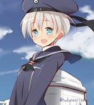  9law :d aqua_eyes blonde_hair blush clothes_writing cloud day hat kantai_collection looking_at_viewer open_mouth sailor_collar short_hair sky smile solo twitter_username z1_leberecht_maass_(kantai_collection) 