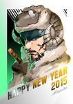  2015 animal_costume beard big_boss blue_eyes cigar facial_hair happy_new_year headband horns ikuyoan male_focus metal_gear_(series) mustache new_year sheep_costume sheep_horns solo 